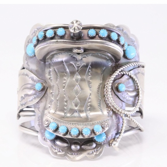 Vintage Navajo cuff, native jewelry, bracelet, novelty cowboy - Picture 3 of 5